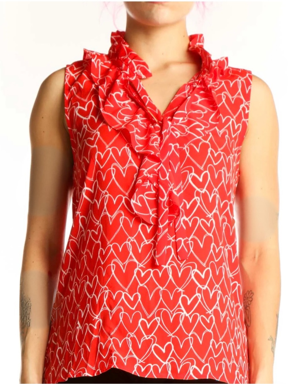 Loft Soft Red Heart-Print Ruffle Sleeveless Top With Tie. Size Small